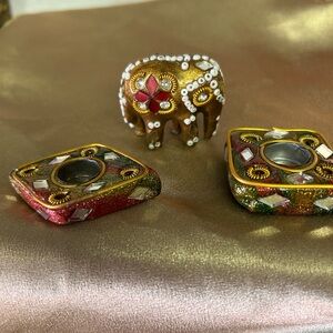Handcrafted Multicolor Rhinestone Elephant Figurine and Two Incense Holders
